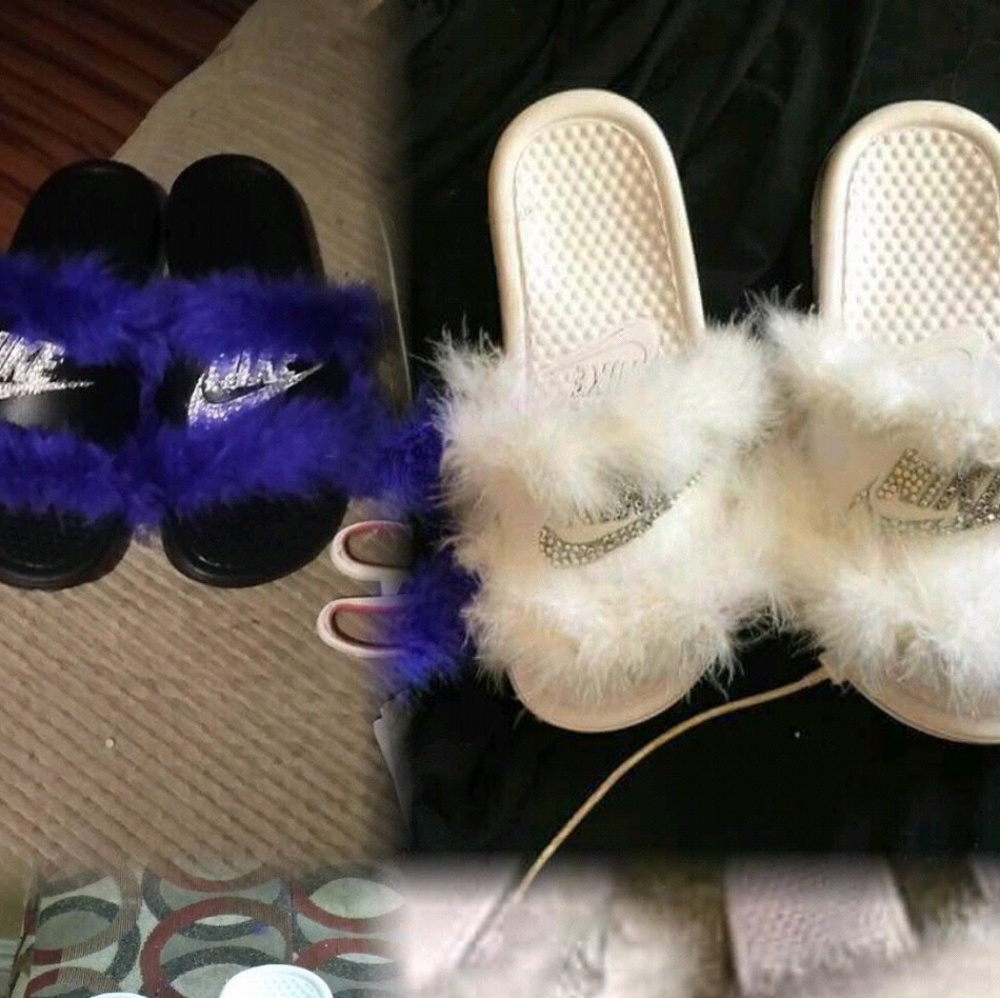 Fur Nike slides with diamonds